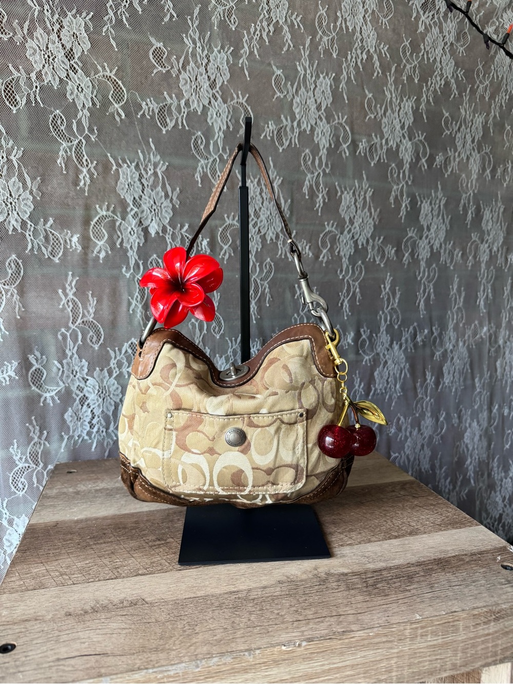 Coach Beige Signature Canvas Shoulder Bag with Brown Trim and Cherry Charm